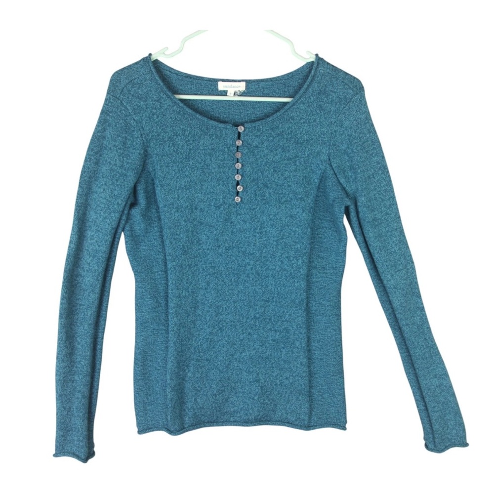 Sundance Silk Blend Knitted Long Sleeve Top Sweater Blue Henley Soft Size S